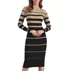 Women's Striped Sweater Dress Long Sleeve Stretchy Crew Neck Bodycon Ribbed Knit Fall Long Dresses -Fashion Clothing Store 7852663 Black Khaki 1
