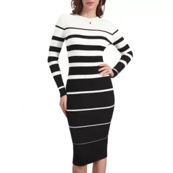 Women's Striped Sweater Dress Long Sleeve Stretchy Crew Neck Bodycon Ribbed Knit Fall Long Dresses -Fashion Clothing Store 7852663 White
