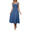 Women's Sleeveless Denim Dresses Square Neck Cute Swing A Line Midi Dresses