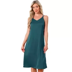 Women's Sleepdress Sleeveless Double Spaghetti Strap Criss Cross Back V Neck Midi Lounge Nightgown -Fashion Clothing Store 7860201 Blue