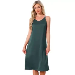Women's Sleepdress Sleeveless Double Spaghetti Strap Criss Cross Back V Neck Midi Lounge Nightgown -Fashion Clothing Store 7860201 Green