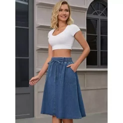 Women's Jean Skirts Elastic Waist Casual A-Line Midi Denim Skirt With Pockets -Fashion Clothing Store 7860229 ALT
