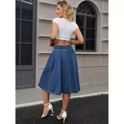 Women's Jean Skirts Elastic Waist Casual A-Line Midi Denim Skirt With Pockets -Fashion Clothing Store 7860229 ALT2
