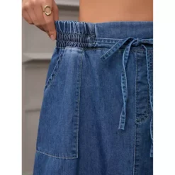 Women's Jean Skirts Elastic Waist Casual A-Line Midi Denim Skirt With Pockets -Fashion Clothing Store 7860229 ALT3