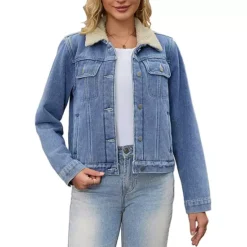 Women Denim Jackets Faux Fur Collar Fleece Lined Winter Thicken Denim Trucker Jacket