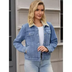Women Denim Jackets Faux Fur Collar Fleece Lined Winter Thicken Denim Trucker Jacket -Fashion Clothing Store 7860366 ALT2