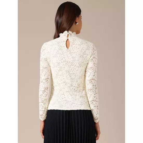 Women's Fall Winter Basic Lace Top Long Sleeve Ruffle Neck Floral Blouse 2 Women's Fall Winter Basic Lace Top Long Sleeve Ruffle Neck Floral Blouse - Image 2