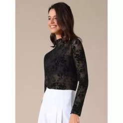 Women's Sheer Mesh Floral Tops Mock Neck Long Sleeve Shirt See Through Blouses -Fashion Clothing Store 7869881 ALT2