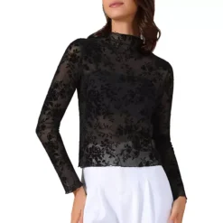Women's Sheer Mesh Floral Tops Mock Neck Long Sleeve Shirt See Through Blouses -Fashion Clothing Store 7869881 Black 1