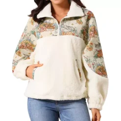 Women's Winter Sweatshirt Long Sleeve Lapel Half Zip Faux Fur Cat Contrast Pullover With Pockets