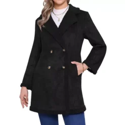 Women's Faux Shearling Coat Double Breast Lapel Fleece Jackets Long Faux Fur Outwear With Pockets -Fashion Clothing Store 7869936 Black 1