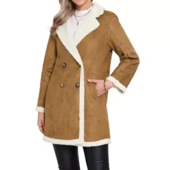 Women's Faux Shearling Coat Double Breast Lapel Fleece Jackets Long Faux Fur Outwear With Pockets -Fashion Clothing Store 7869936 Brown
