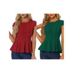 2 Packs Women's Elegant Cap Sleeve Solid Color Peplum Top -Fashion Clothing Store 7872560 Green Dark Red