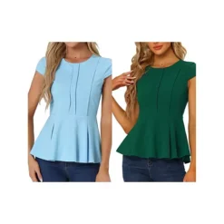 2 Packs Women's Elegant Cap Sleeve Solid Color Peplum Top -Fashion Clothing Store 7872560 Green Light Blue
