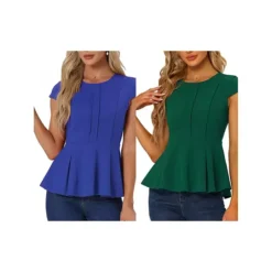 2 Packs Women's Elegant Cap Sleeve Solid Color Peplum Top -Fashion Clothing Store 7872560 Green Royal Blue