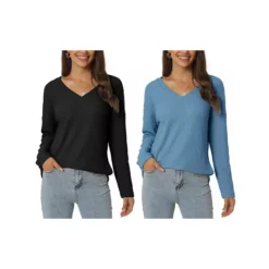 2 Packs Women's Waffle Knit Tops V Neck Long Sleeve Shirts Casual Loose Blouse Lightweight Pullover -Fashion Clothing Store 7872563 Black Blue