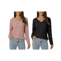 2 Packs Women's Waffle Knit Tops V Neck Long Sleeve Shirts Casual Loose Blouse Lightweight Pullover -Fashion Clothing Store 7872563 Black Dusty Pink