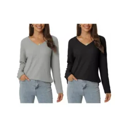2 Packs Women's Waffle Knit Tops V Neck Long Sleeve Shirts Casual Loose Blouse Lightweight Pullover -Fashion Clothing Store 7872563 Black Grey