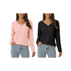 2 Packs Women's Waffle Knit Tops V Neck Long Sleeve Shirts Casual Loose Blouse Lightweight Pullover -Fashion Clothing Store 7872563 Black Pink