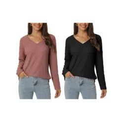 2 Packs Women's Waffle Knit Tops V Neck Long Sleeve Shirts Casual Loose Blouse Lightweight Pullover -Fashion Clothing Store 7872563 Brick Red Black