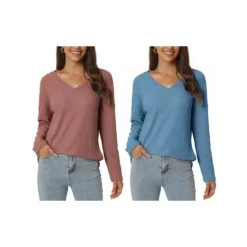 2 Packs Women's Waffle Knit Tops V Neck Long Sleeve Shirts Casual Loose Blouse Lightweight Pullover -Fashion Clothing Store 7872563 Brick Red Blue