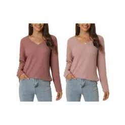 2 Packs Women's Waffle Knit Tops V Neck Long Sleeve Shirts Casual Loose Blouse Lightweight Pullover -Fashion Clothing Store 7872563 Brick Red Dusty Pink