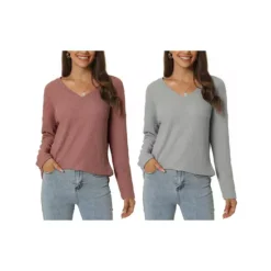 2 Packs Women's Waffle Knit Tops V Neck Long Sleeve Shirts Casual Loose Blouse Lightweight Pullover -Fashion Clothing Store 7872563 Brick Red Grey