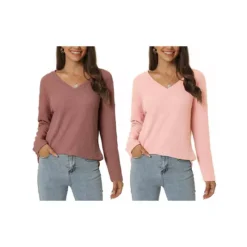 2 Packs Women's Waffle Knit Tops V Neck Long Sleeve Shirts Casual Loose Blouse Lightweight Pullover -Fashion Clothing Store 7872563 Brick Red Pink