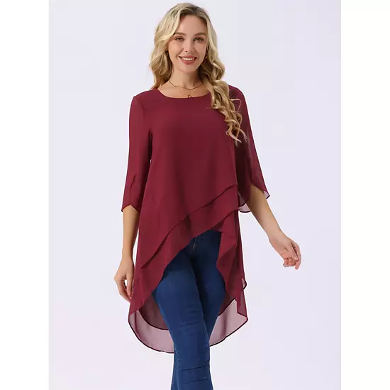 2 Packs Women's High Low Tops Scoop Neck Chiffon Blouse Asymmetrical Loose Shirt 3/4 Sleeve Tops 3 2 Packs Women's High Low Tops Scoop Neck Chiffon Blouse Asymmetrical Loose Shirt 3/4 Sleeve Tops - Image 3