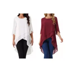 2 Packs Women's High Low Tops Scoop Neck Chiffon Blouse Asymmetrical Loose Shirt 3/4 Sleeve Tops