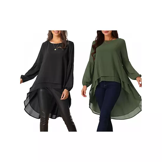 2 Packs Women's Lantern Long Sleeve Round Neck Asymmetrical Irregular Hem Casual Blouse Tops 6 2 Packs Women's Lantern Long Sleeve Round Neck Asymmetrical Irregular Hem Casual Blouse Tops - Image 6