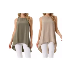 2 Packs Women's Casual High Low Blouse Sleeveless Crewneck Asymmetrical Hem Flowy Tops -Fashion Clothing Store 7872628 Dark Olive Green Khaki