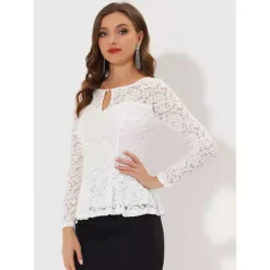 2 Packs Women's Lace Tops Keyhole Front Peplum Hem Sheer Long Sleeve Blouse -Fashion Clothing Store 7872631 ALT2