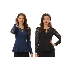 2 Packs Women's Lace Tops Keyhole Front Peplum Hem Sheer Long Sleeve Blouse -Fashion Clothing Store 7872631 Black Dark Blue