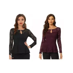 2 Packs Women's Lace Tops Keyhole Front Peplum Hem Sheer Long Sleeve Blouse -Fashion Clothing Store 7872631 Black Purplish Red