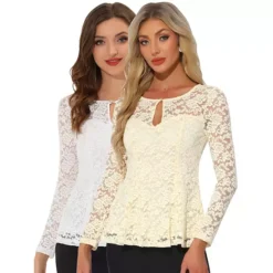 2 Packs Women's Lace Tops Keyhole Front Peplum Hem Sheer Long Sleeve Blouse -Fashion Clothing Store 7872631 White Beige