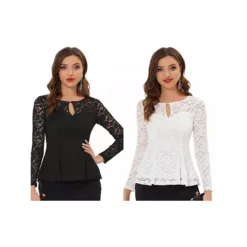 2 Packs Women's Lace Tops Keyhole Front Peplum Hem Sheer Long Sleeve Blouse -Fashion Clothing Store 7872631 White Black