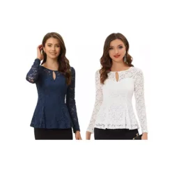 2 Packs Women's Lace Tops Keyhole Front Peplum Hem Sheer Long Sleeve Blouse
