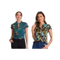 2 Packs Satin Blouse For Women's Stand Collar Floral Silky Work Blouse Top