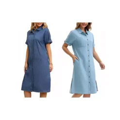 2 Packs Women's Denim Dress Summer Short Sleeve Button Down Casual Midi Jean Shirt Dress -Fashion Clothing Store 7887193 Blue Light Blue 1