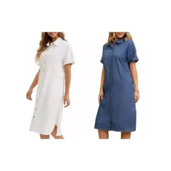 2 Packs Women's Denim Dress Summer Short Sleeve Button Down Casual Midi Jean Shirt Dress -Fashion Clothing Store 7887193 Blue White