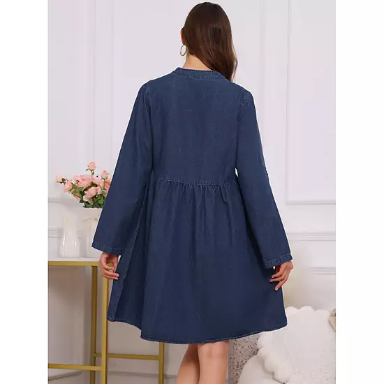 Women's Maternity Denim Dress Babydoll Long Sleeve Cotton Button Down Shirt Dresses 2 Women's Maternity Denim Dress Babydoll Long Sleeve Cotton Button Down Shirt Dresses - Image 2