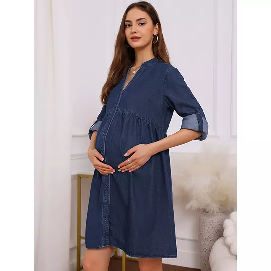 Women's Maternity Denim Dress Babydoll Long Sleeve Cotton Button Down Shirt Dresses 3 Women's Maternity Denim Dress Babydoll Long Sleeve Cotton Button Down Shirt Dresses - Image 3