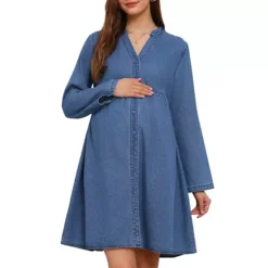 Women's Maternity Denim Dress Babydoll Long Sleeve Cotton Button Down Shirt Dresses 11 Women's Maternity Denim Dress Babydoll Long Sleeve Cotton Button Down Shirt Dresses -Fashion Clothing Store 7898319 Blue 1