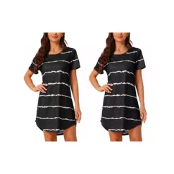 2 Packs Women's Round Neck Nightshirt Striped Short Sleeve Sleepshirt Nightgown -Fashion Clothing Store 7903753 Black Stripe