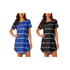 2 Packs Women's Round Neck Nightshirt Striped Short Sleeve Sleepshirt Nightgown -Fashion Clothing Store 7903753 Blackstripe Bluestripe