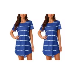 2 Packs Women's Round Neck Nightshirt Striped Short Sleeve Sleepshirt Nightgown -Fashion Clothing Store 7903753 Blue Stripe
