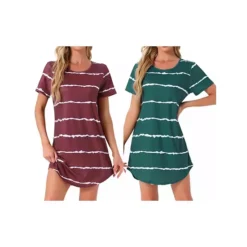 2 Packs Women's Round Neck Nightshirt Striped Short Sleeve Sleepshirt Nightgown -Fashion Clothing Store 7903753 Greenstripe Redstripe