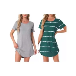 2 Packs Women's Round Neck Nightshirt Striped Short Sleeve Sleepshirt Nightgown -Fashion Clothing Store 7903753 Greenstripe Solid Grey