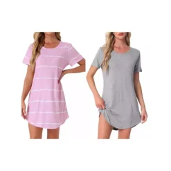 2 Packs Women's Round Neck Nightshirt Striped Short Sleeve Sleepshirt Nightgown -Fashion Clothing Store 7903753 Pink Stripe Solid Grey